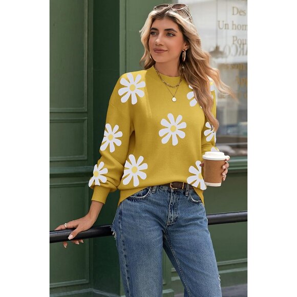 Zeagoo Women Yellow-flower Long Sleeve Pullover Ribbed Knitted Pattern Sweater - Picture 2 of 5